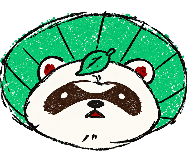O tanuki da marca com seu chapéu verde